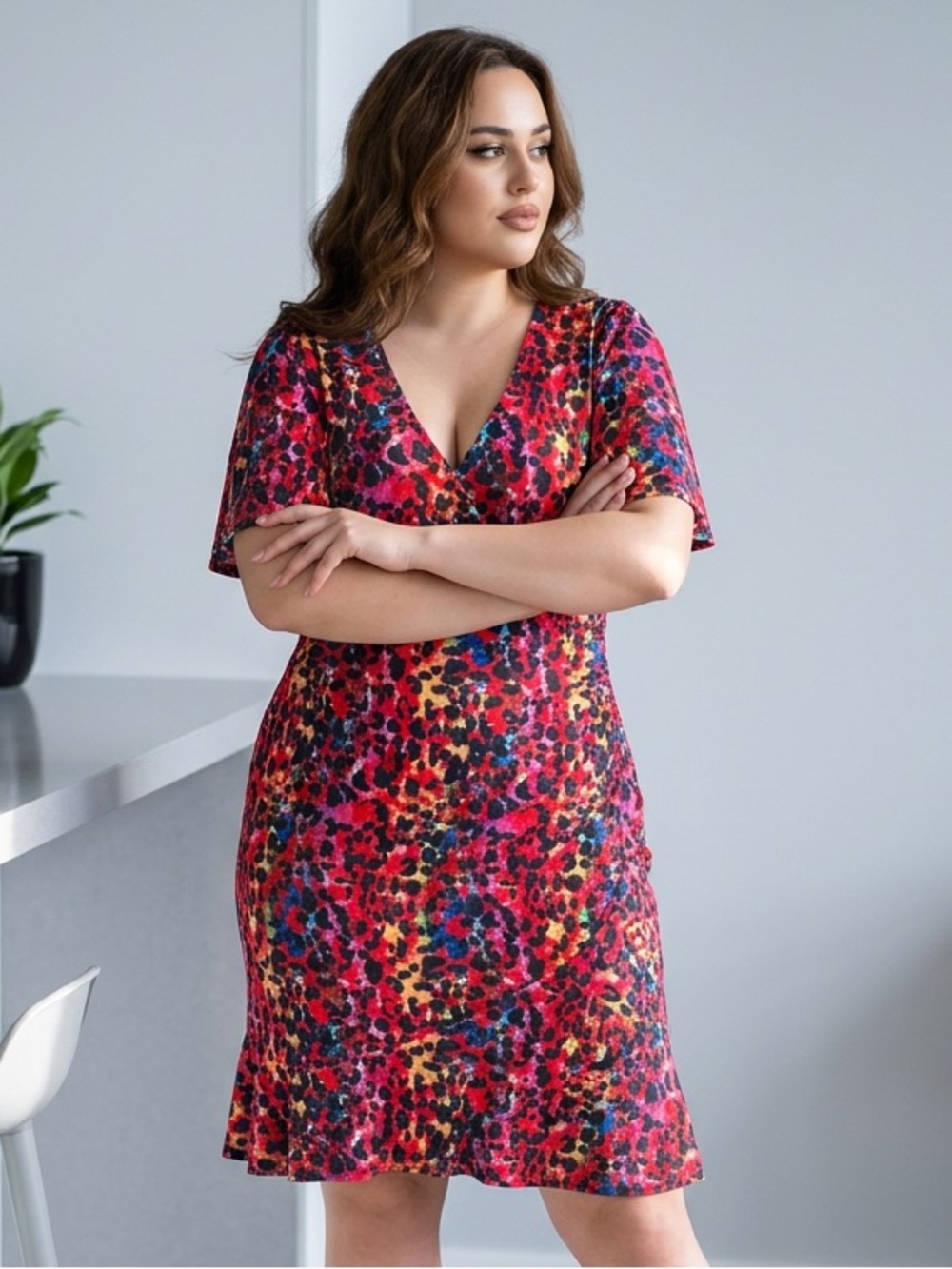 VENUS Red Multicolor V-Neck High-Low Flutter Sleeve Dress